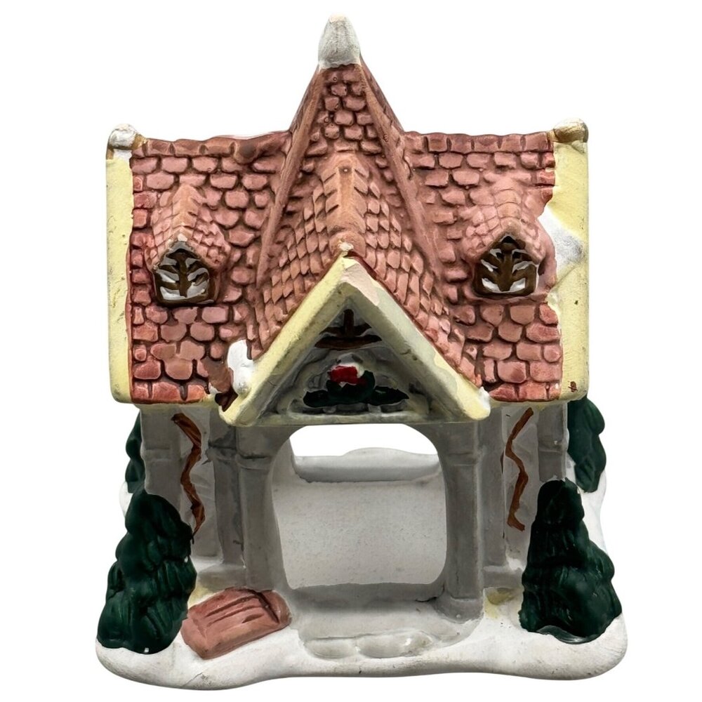 Vintage Ceramic Snowy Cottage Christmas Village Decor brown green trees 2.25x4"